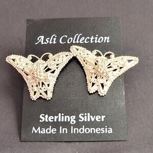 Vintage Indonesian Sterling Silver Filigree Butterfly Post Earrings 925 Asli